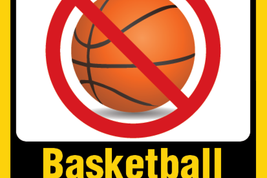 Graphic image of caution sign with basketball crossed out. The flyer states the basketball court is closed and under renovation.