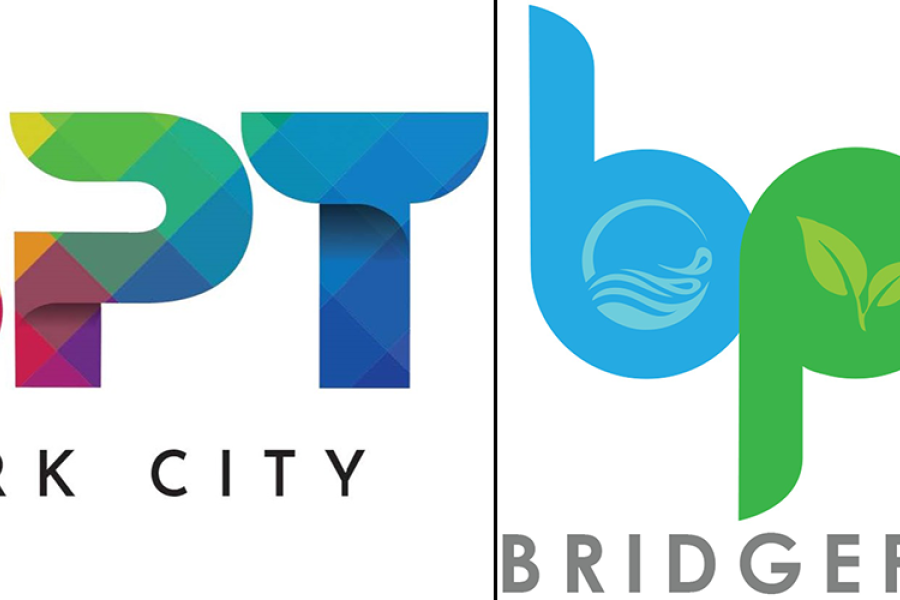 Graphic of the two logo options for the City of Bridgeport. The first logo is a gradient of the colors of the rainbow inside of the letters BPT with black text underneath that says Park City. The second logo is a set of lowercase letters. A lowercase letter b is a baby blue with a water symbol inside; the p is a green with a leaf symbol inside, and the t is orange with a light schowcase symbol inside of the t. The word Bridgeport is underneath this logo option in gray.