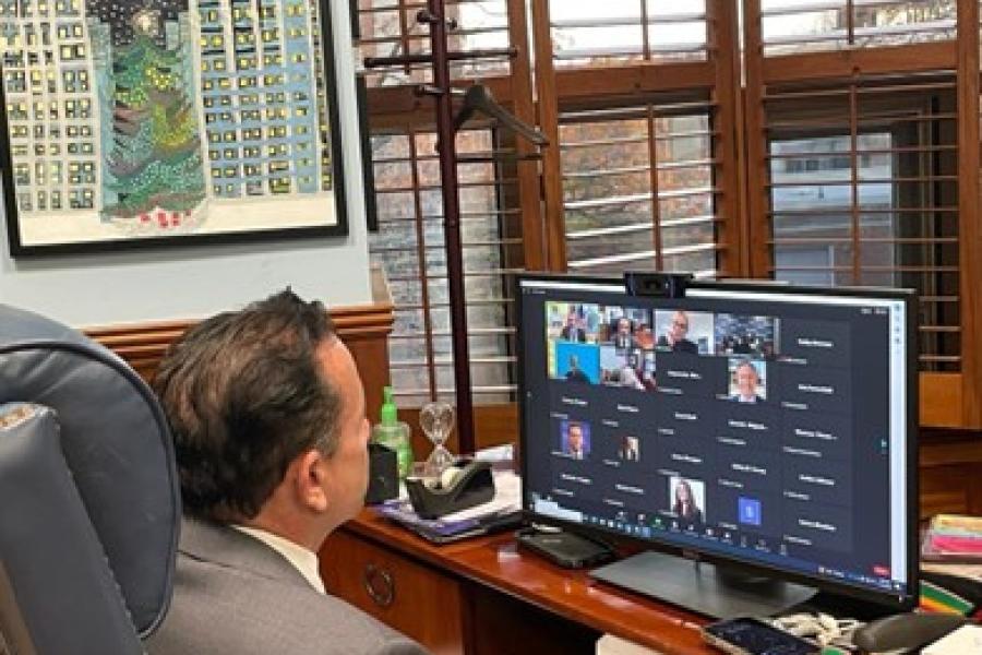 Photo of Mayor Ganim in his office on a zoom call for the United States Conference of Mayors Conversation with the U.S. Secretary of Education