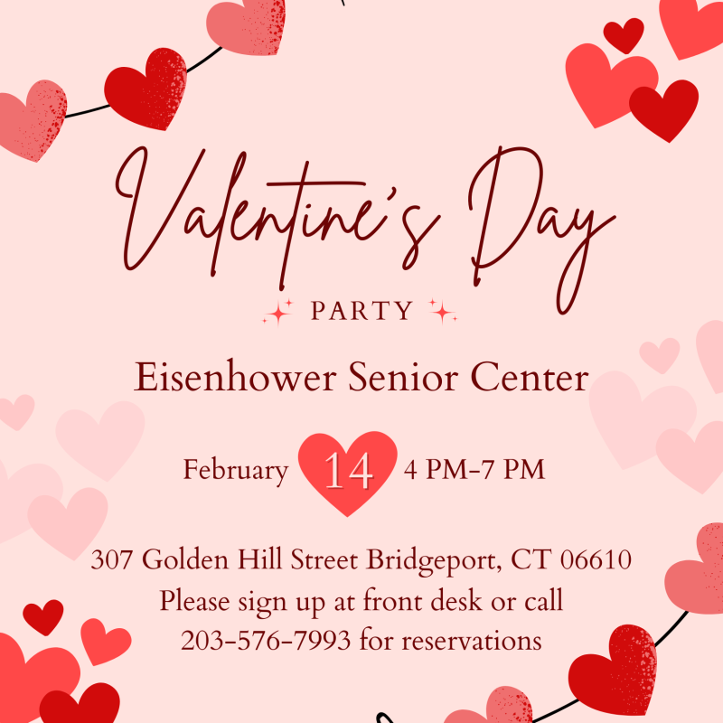 Valentine's Day Party with pink background and red hearts and sparkles. Eisenhower Senior Center, February 14th 4-7PM. 