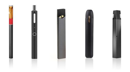 Five types of e-cigarettes on a white background