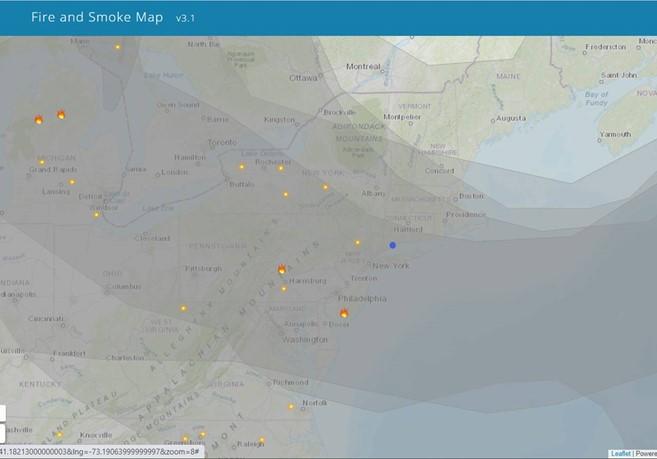 Graphic of the Northeastern area of the U.S. with graphic representation of fires and smoke-affected areas as a result of wildfires from Canada.