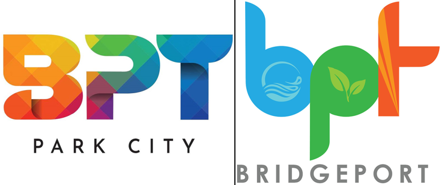 Graphic of the two logo options for the City of Bridgeport. The first logo is a gradient of the colors of the rainbow inside of the letters BPT with black text underneath that says Park City. The second logo is a set of lowercase letters. A lowercase letter b is a baby blue with a water symbol inside; the p is a green with a leaf symbol inside, and the t is orange with a light schowcase symbol inside of the t. The word Bridgeport is underneath this logo option in gray.