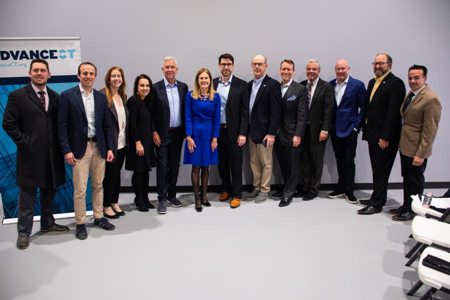 Photo of Mayor Ganim, Lieutenant Governor of Connecticut, Governor Ned Lamont, University of Bridgeport President Danielle Wilken, and others for the Nanoramic Laboratories press conference at the University of Bridgeport