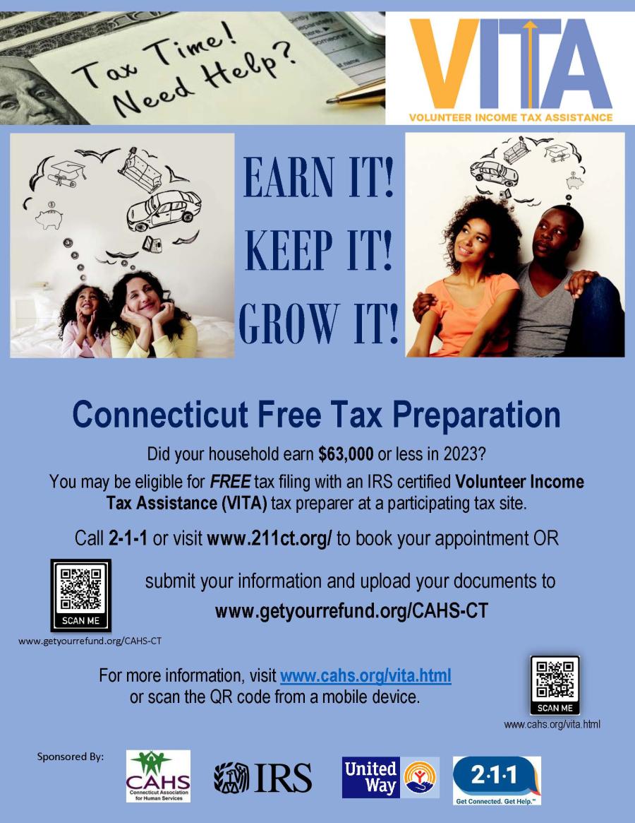 Flyer for the Greater Bridgeport Volunteer Income Tax (VITA) Kickoff discussing where participants can go to receive free tax preparation for households who made $63,000 or less in 2023